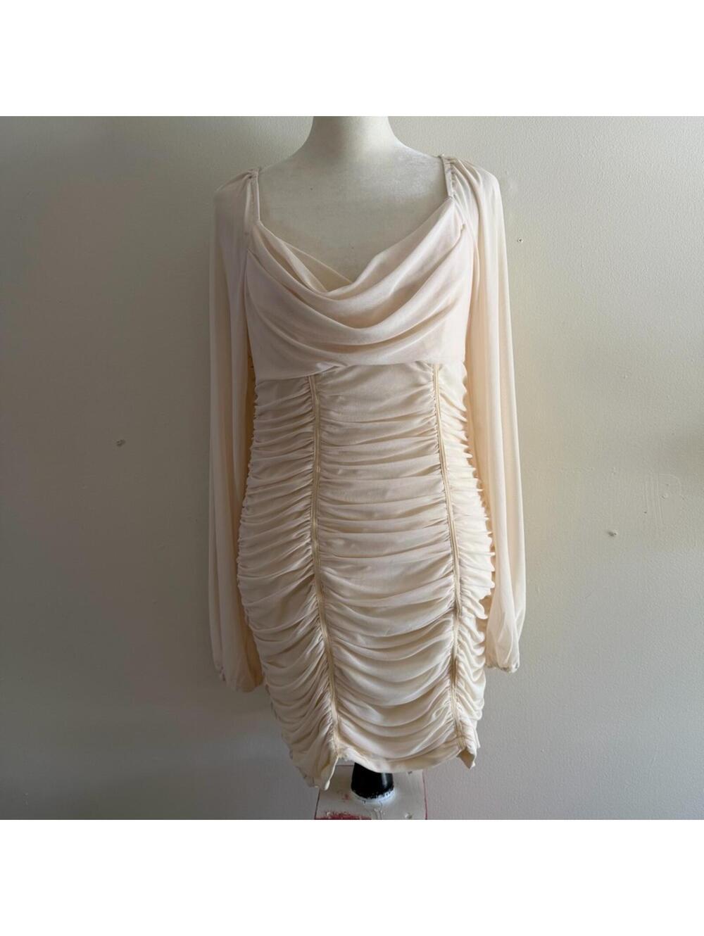 Princess Polly Cream Long Sleeve Ruched Dress
